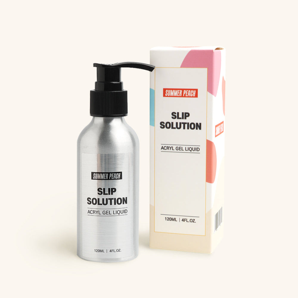 Summer Peach Slip Solution Acryl Gel Liquid bottle and packaging on a white background